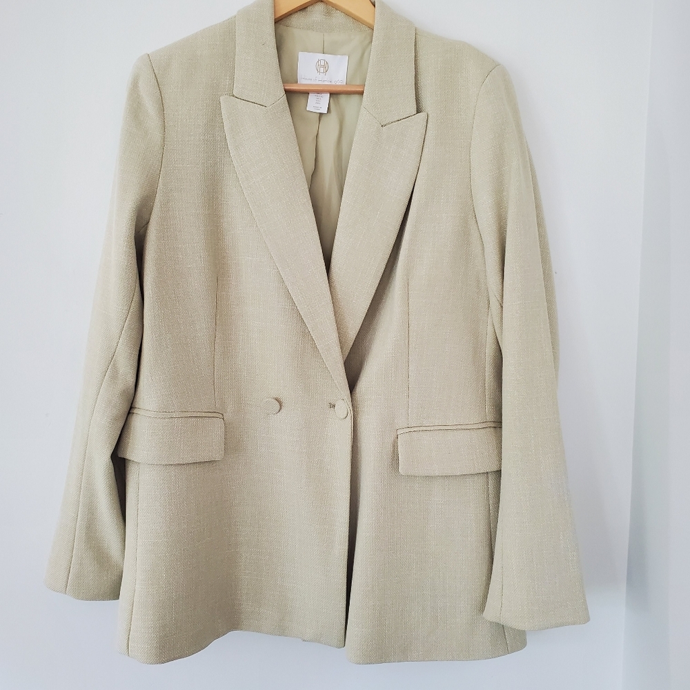 HOUSE OF HARLOW 1960 Double Breasted Pale Green Cream Blazer Sz L Pockets Office